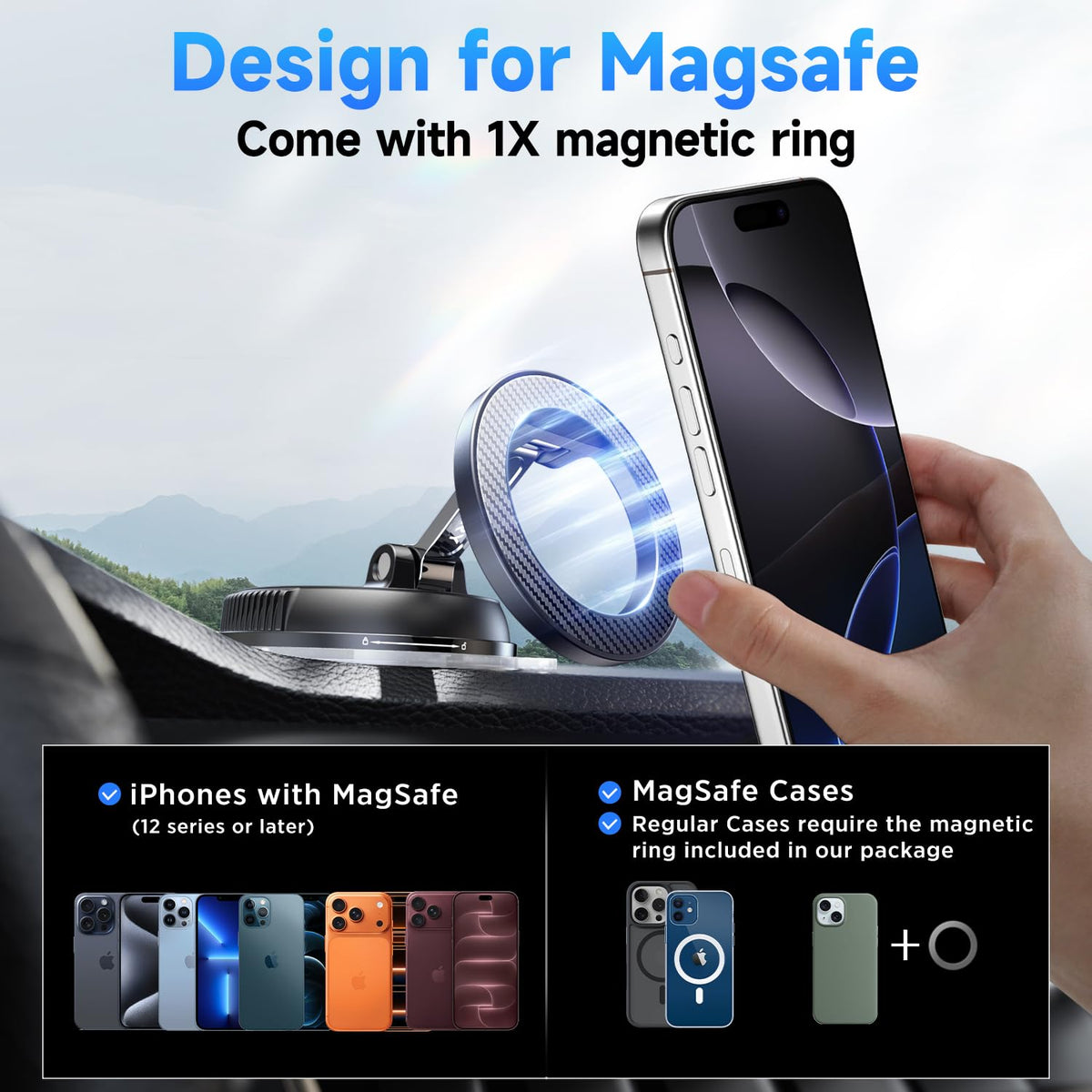 ANDERY Compact Foldable Car Phone Holder for Magsafe 360 Adjustable – alternate angle
