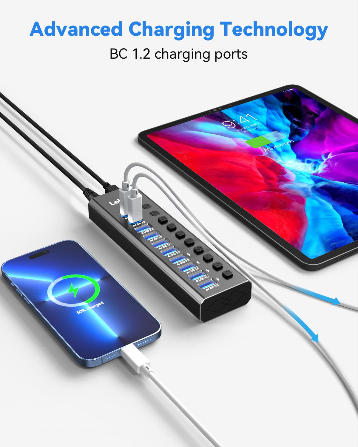 Powered USB Hub 3 2 LEINSIS 10 Port USB 3 2 USB C Hub with – alternate angle