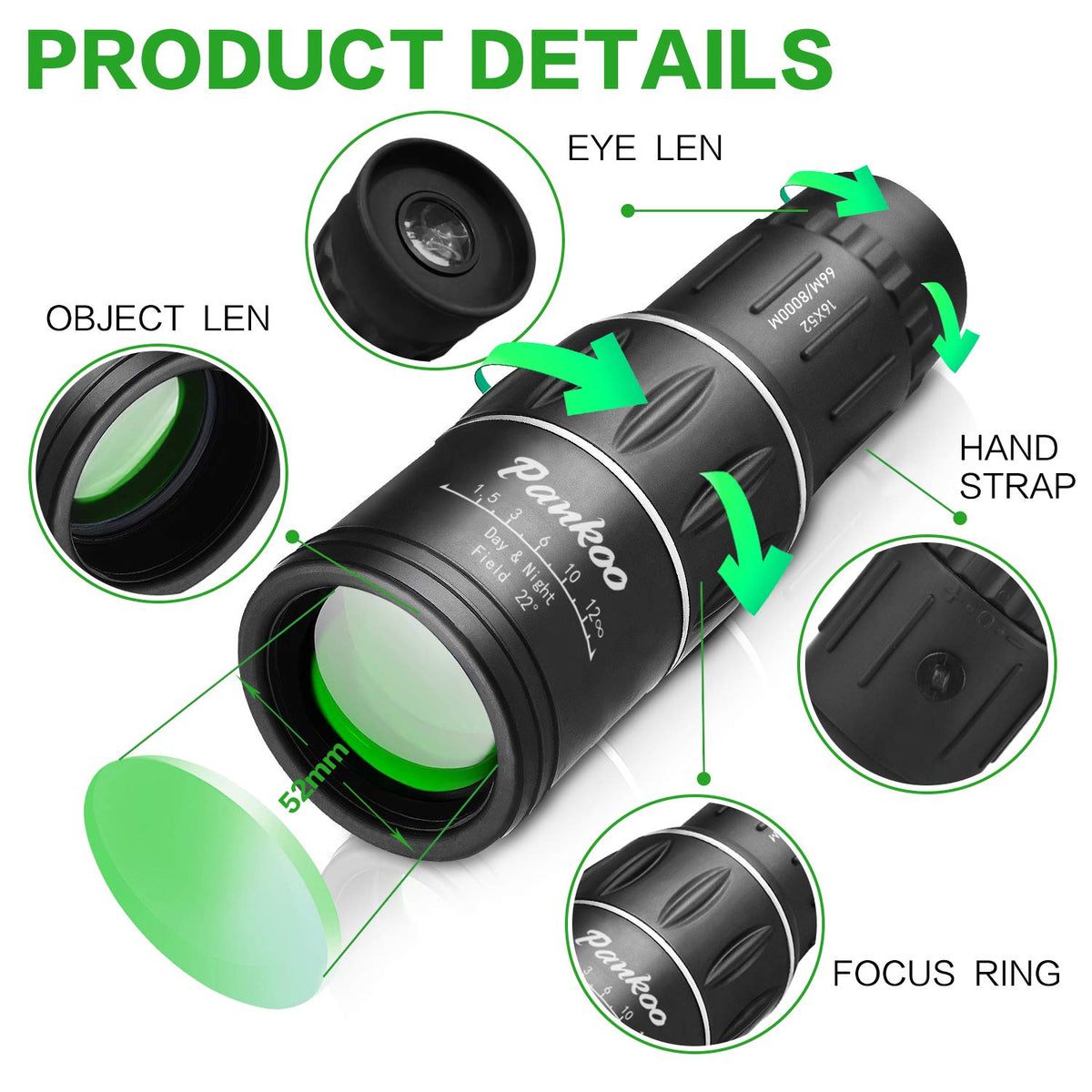 Pankoo 16x52 Monocular Telescope High Powered 2026 Power Prism – close-up detail