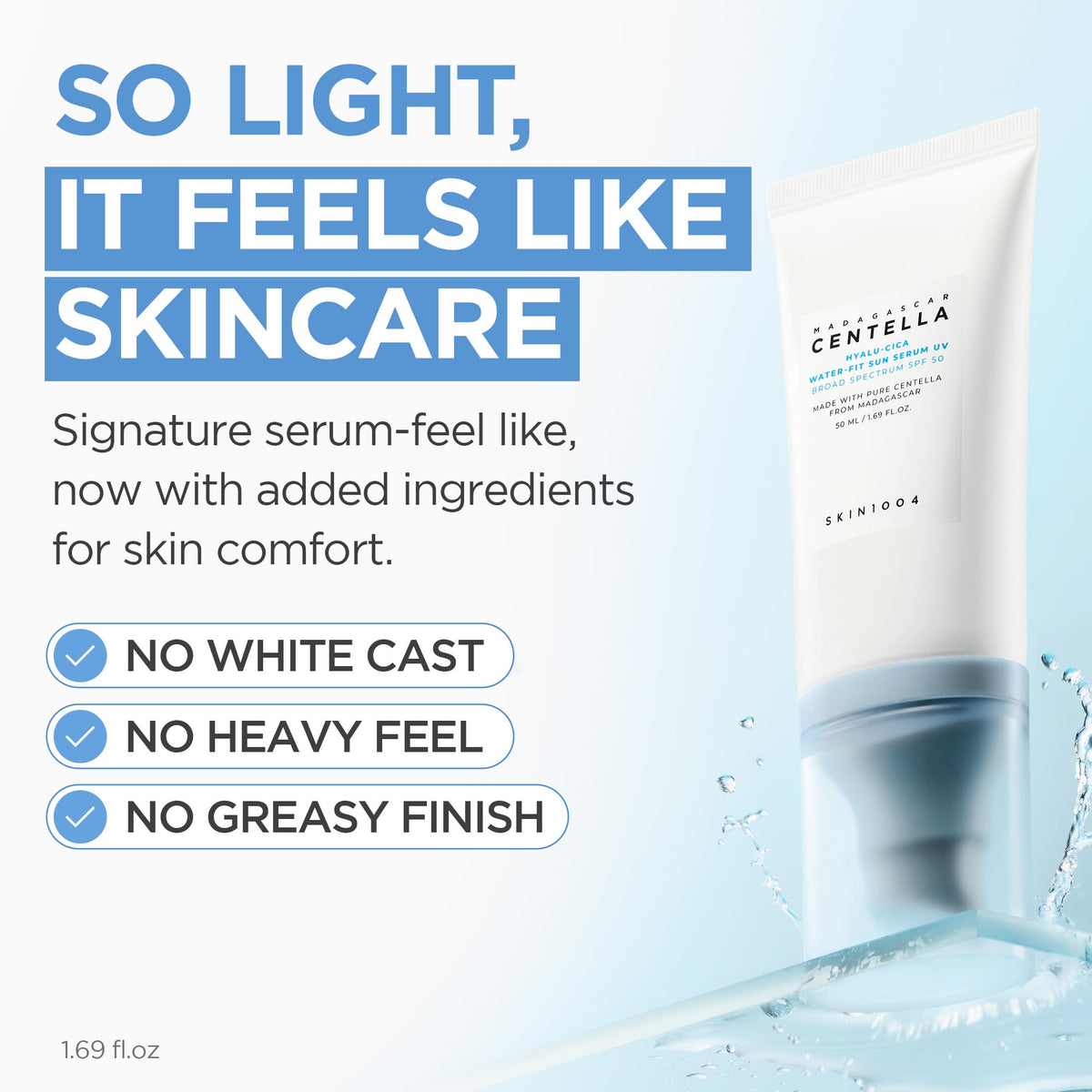 SKIN1004 Hyalu Cica Water Fit Sun Serum UV SPF 50 Sunscreen – packaging and label