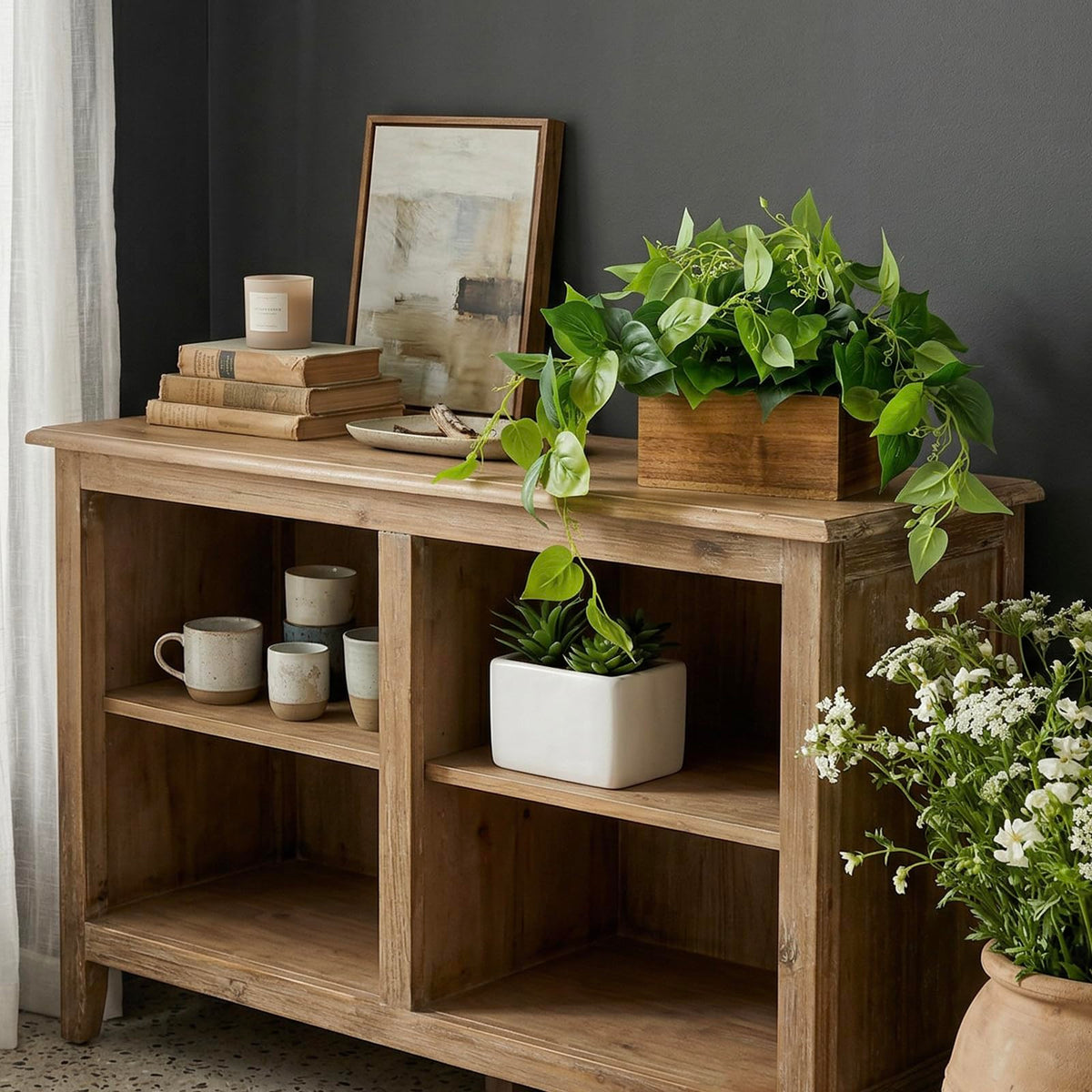 MyGift Artificial Pothos Plant Acacia Wood Planter Box Faux - MyGift Official Imagery - 5