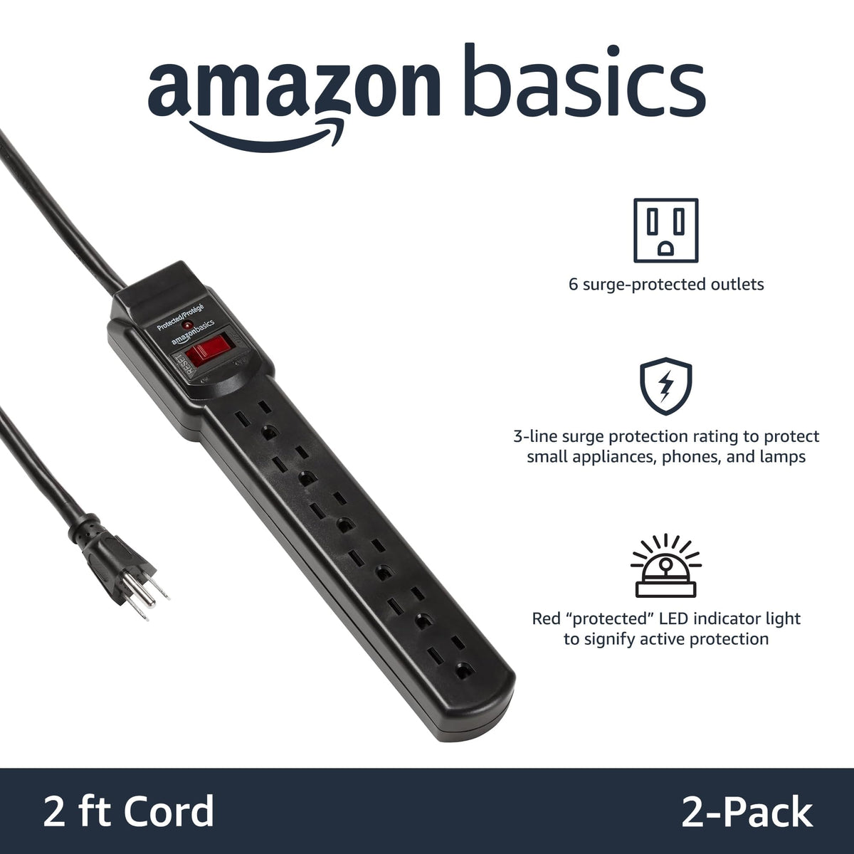Amazon Basics 6 Outlet Surge Protector Power Strip with 200J – close-up detail in Black