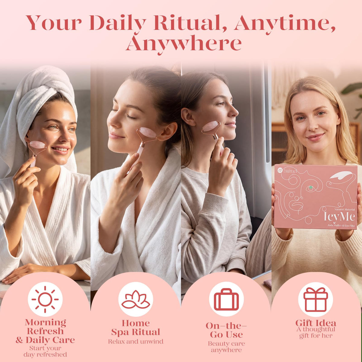 BAIMEI IcyMe Rose Quartz Roller Gua Sha Facial Tool Set for – back view and specifications
