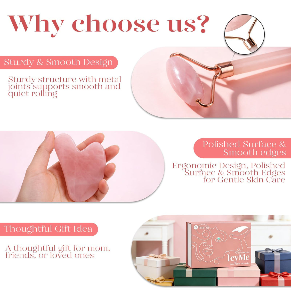 BAIMEI IcyMe Rose Quartz Roller Gua Sha Facial Tool Set for – full view