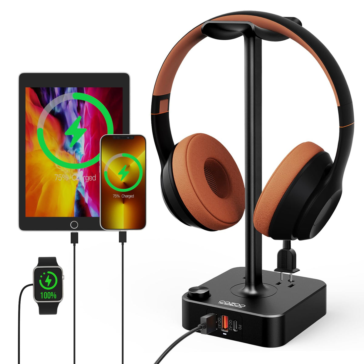 cozoo Headphone Stand with Charger for Desk Gifts for Gamers – Black, Aluminum