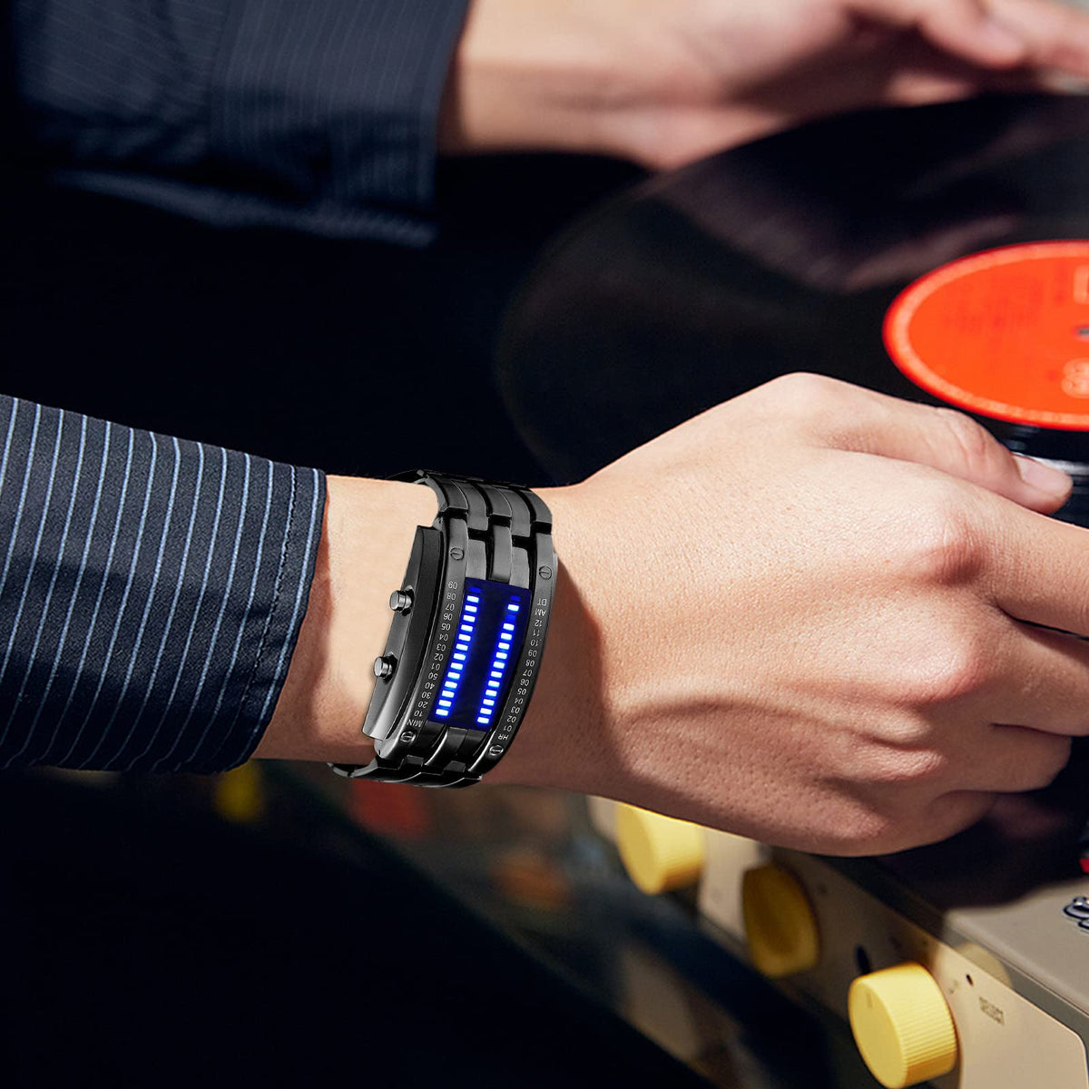 FANMIS Creative Mens Binary Matrix Blue LED Digital Watch – close-up detail