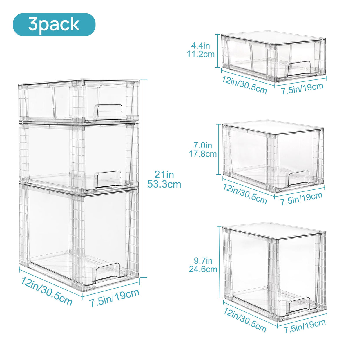 Vtopmart 3 Pack Clear Stackable Storage Drawers Easy to - Vtopmart Official Imagery - 4