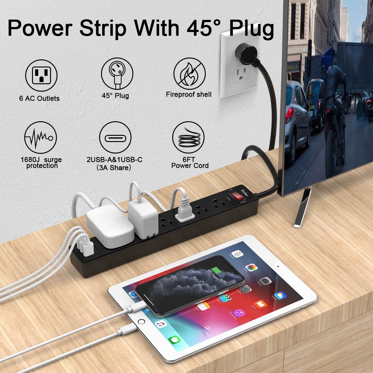 Yintar 6Ft Surge Protector Power Strip with 6 Outlets 3 USB – close-up detail in Black