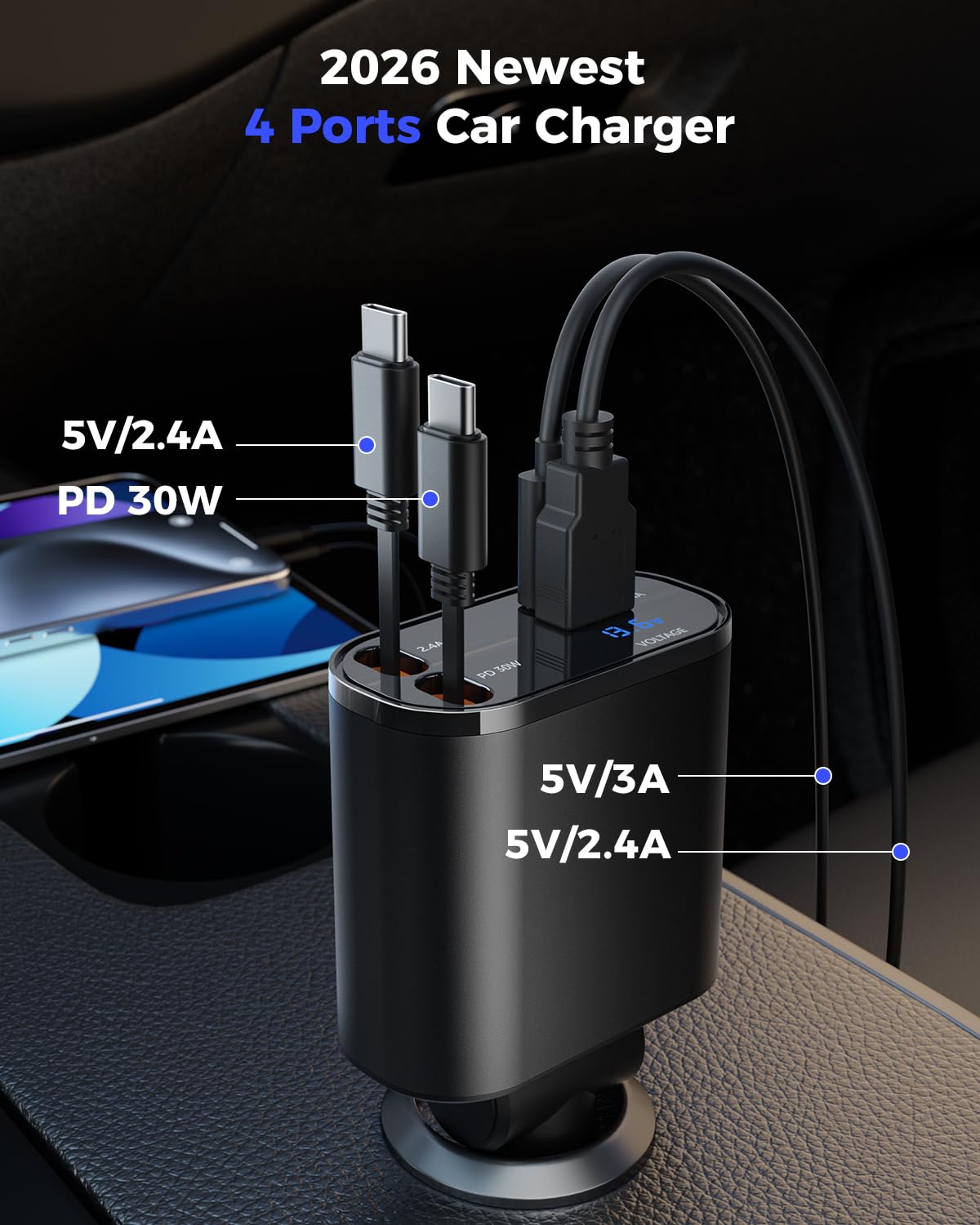 SUPERONE Retractable USB C Car Charger 69W 4 in 1 Fast – full view