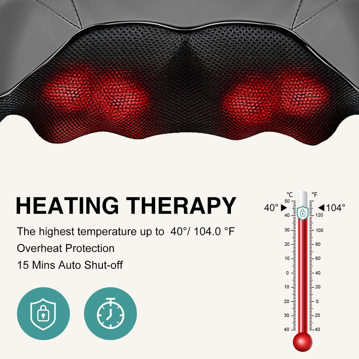 Nekteck Shiatsu Neck Massager with Heat for Pain Relief Gray – back view and specifications