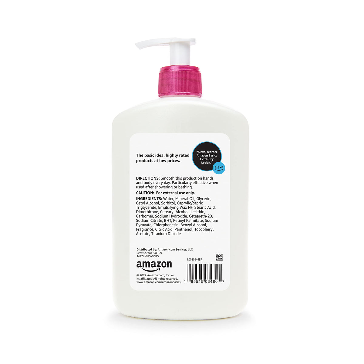 Amazon Basics Body Lotion For Dry Skin with Vitamins B5 E – packaging and label
