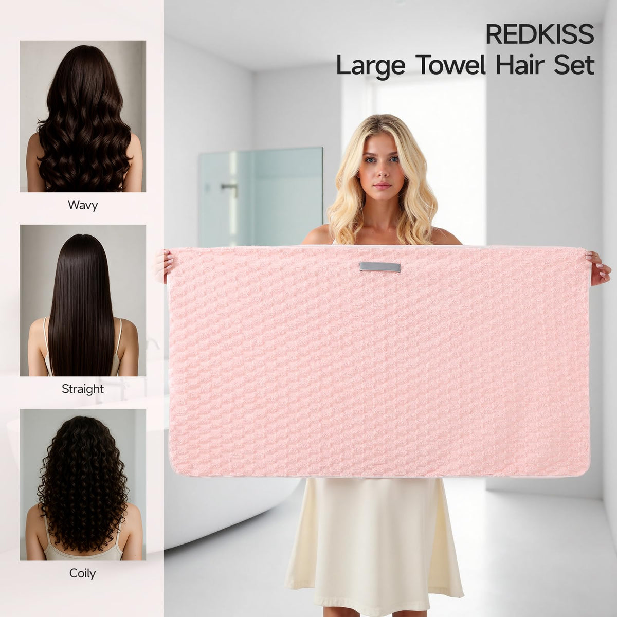 REDKISS 3 Pack Microfiber Hair Towels – close-up detail in Pink+grey+blue