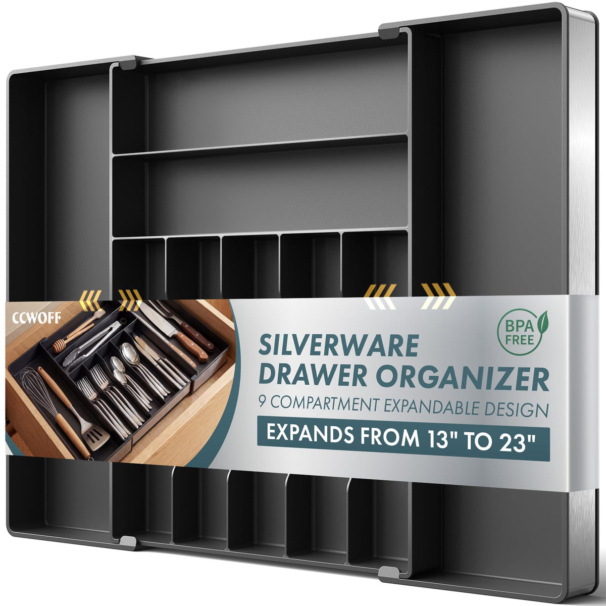 Silverware Drawer Organizer 9 Slots Expandable Kitchen - CCWOFF Official Imagery - 1