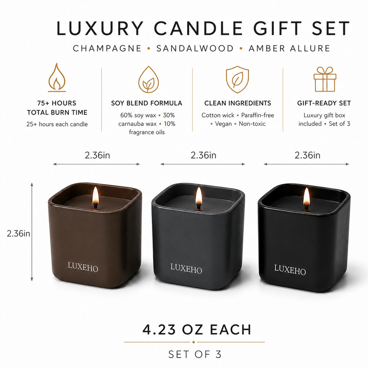 Luxury Scented Candle Gift Set 3 Pack Soy Candles for Home - LUXEHO Official Imagery - 4