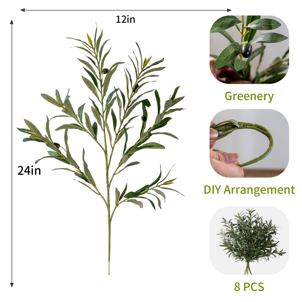 Bailikang 8PCS 24 Artificial Olive Branches Realistic Fake - Bailikang Official Imagery - 8