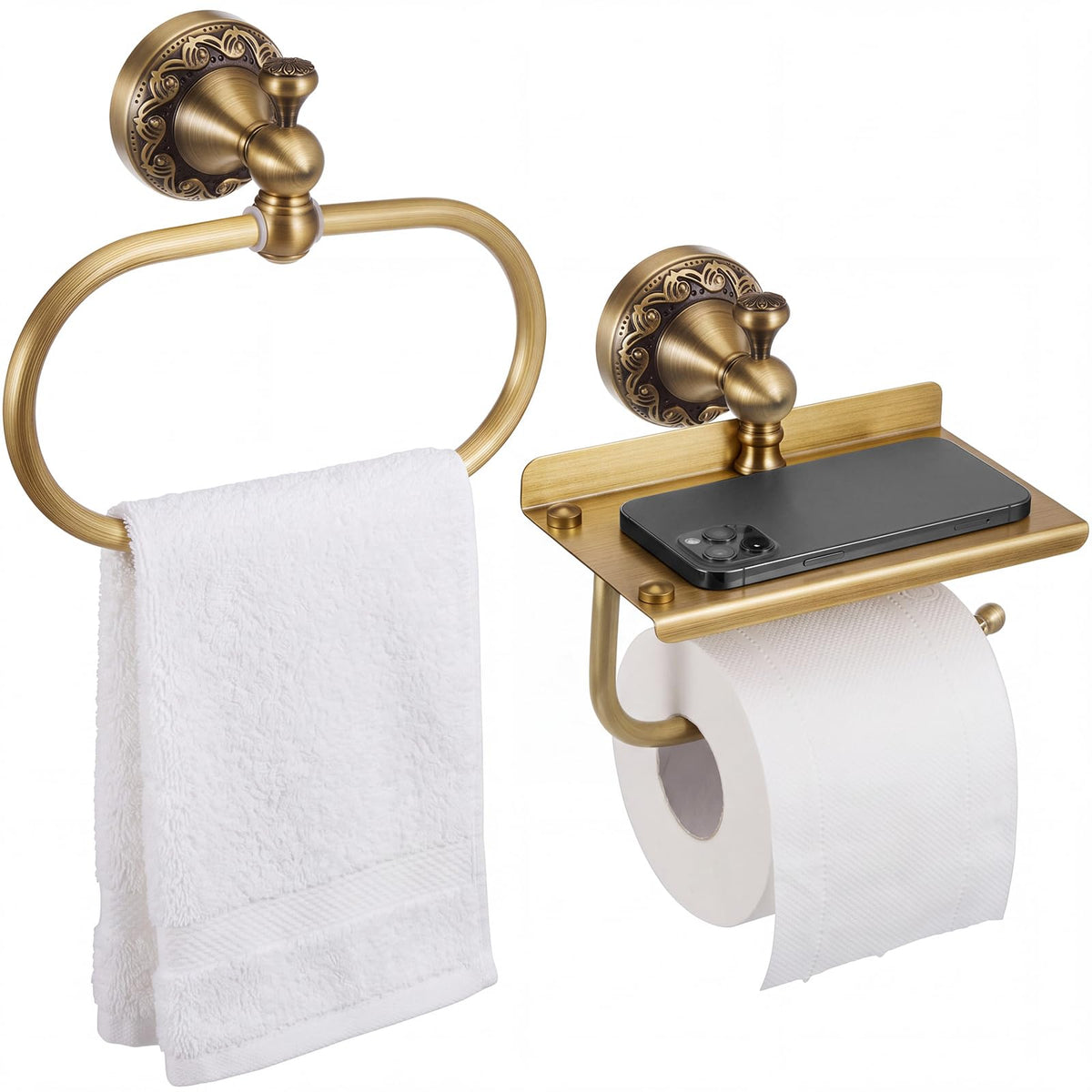 2 Pcs Antique Brass Toilet Paper Holder Towel Ring Set with - Otoolling Official Imagery - 1