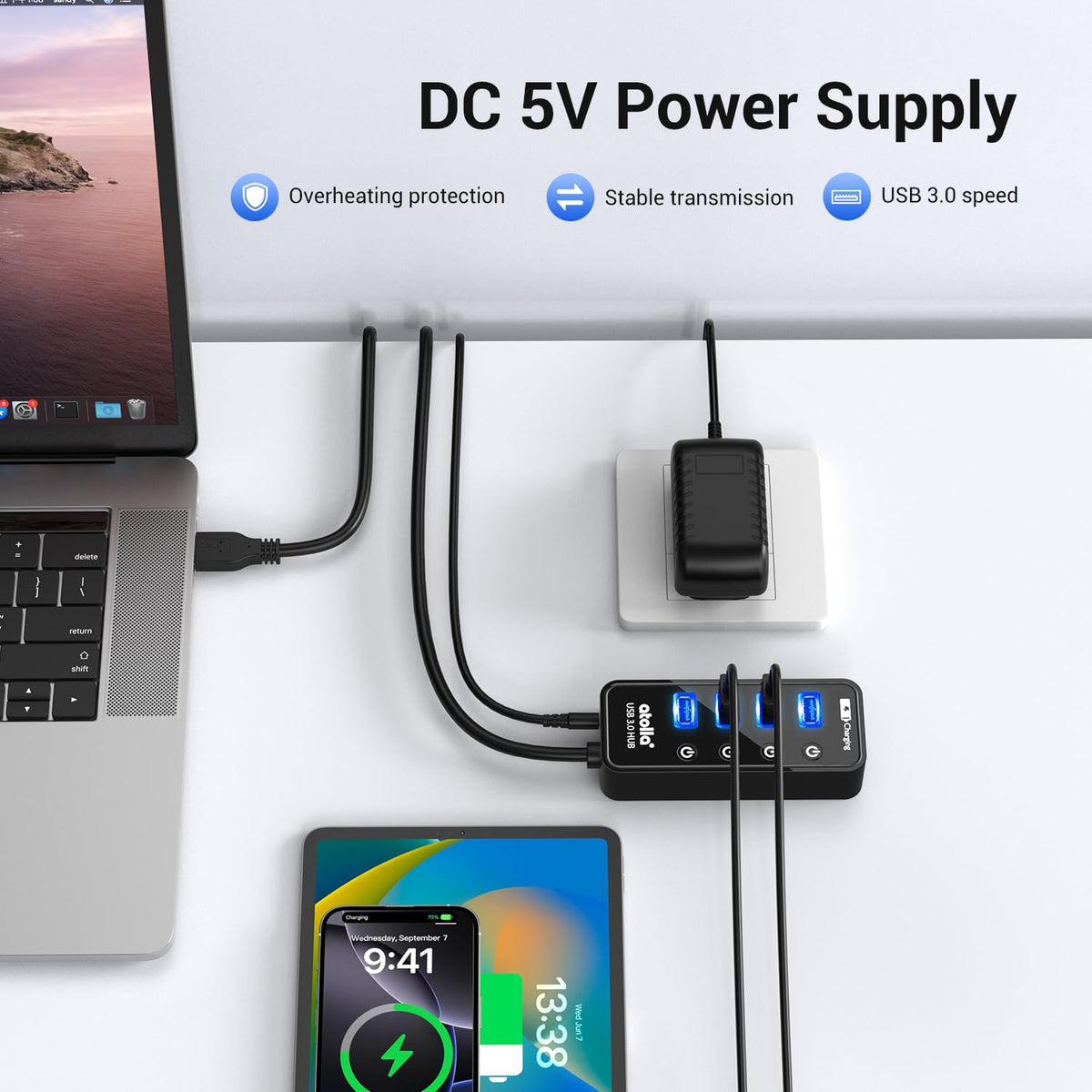atolla Powered USB Hub 3 0 4 Port Charging Port with – full view