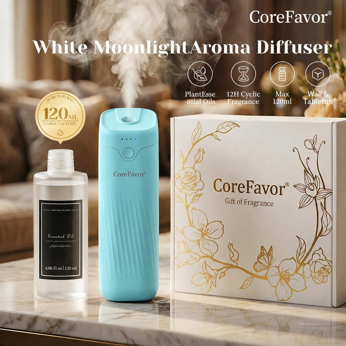 Waterless Essential Oil Diffuser with 3x120ml Oil - CoreFavor Official Imagery - 4