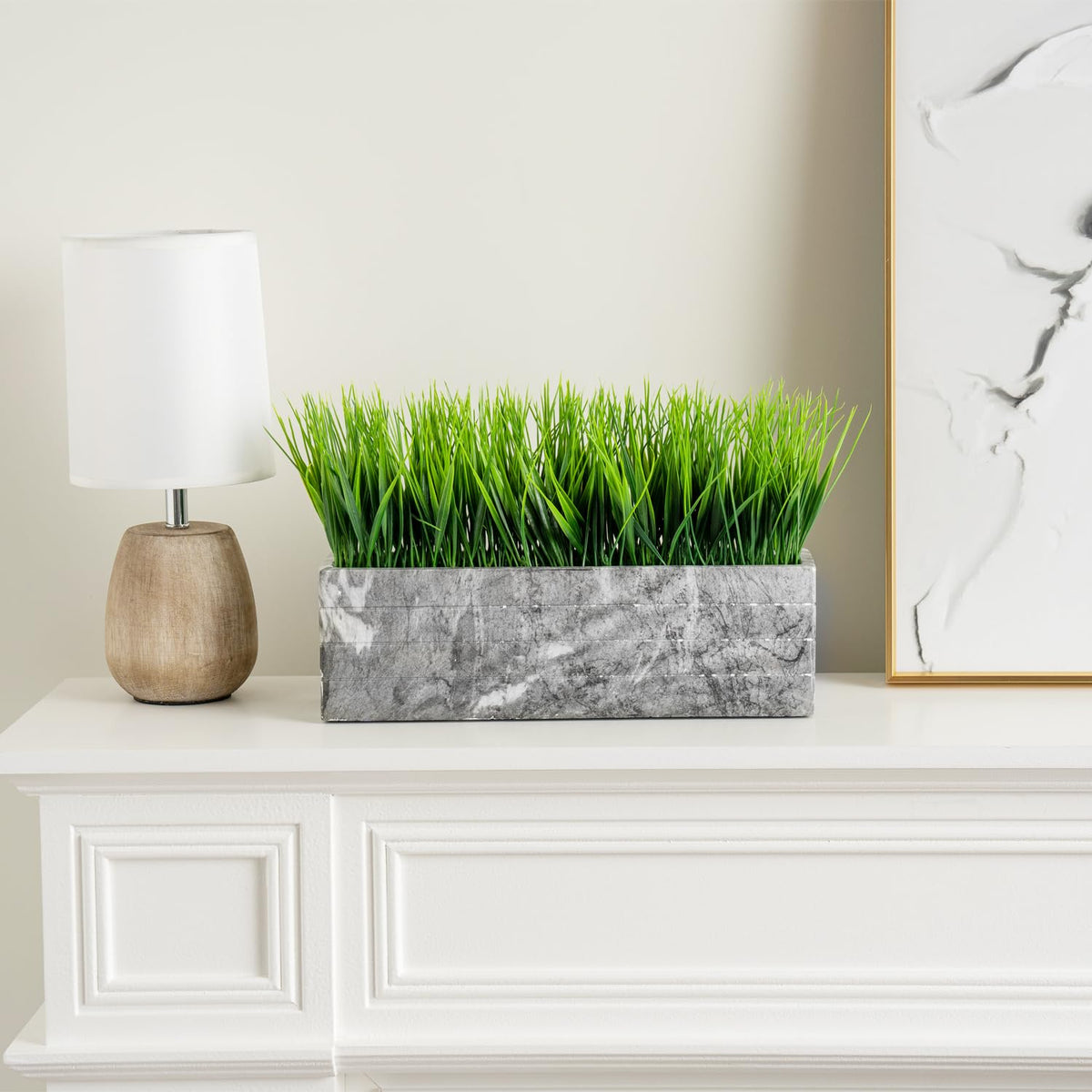 MyGift 14 Inch Artificial Green Grass Plant in Gray Marble - MyGift Official Imagery - 5