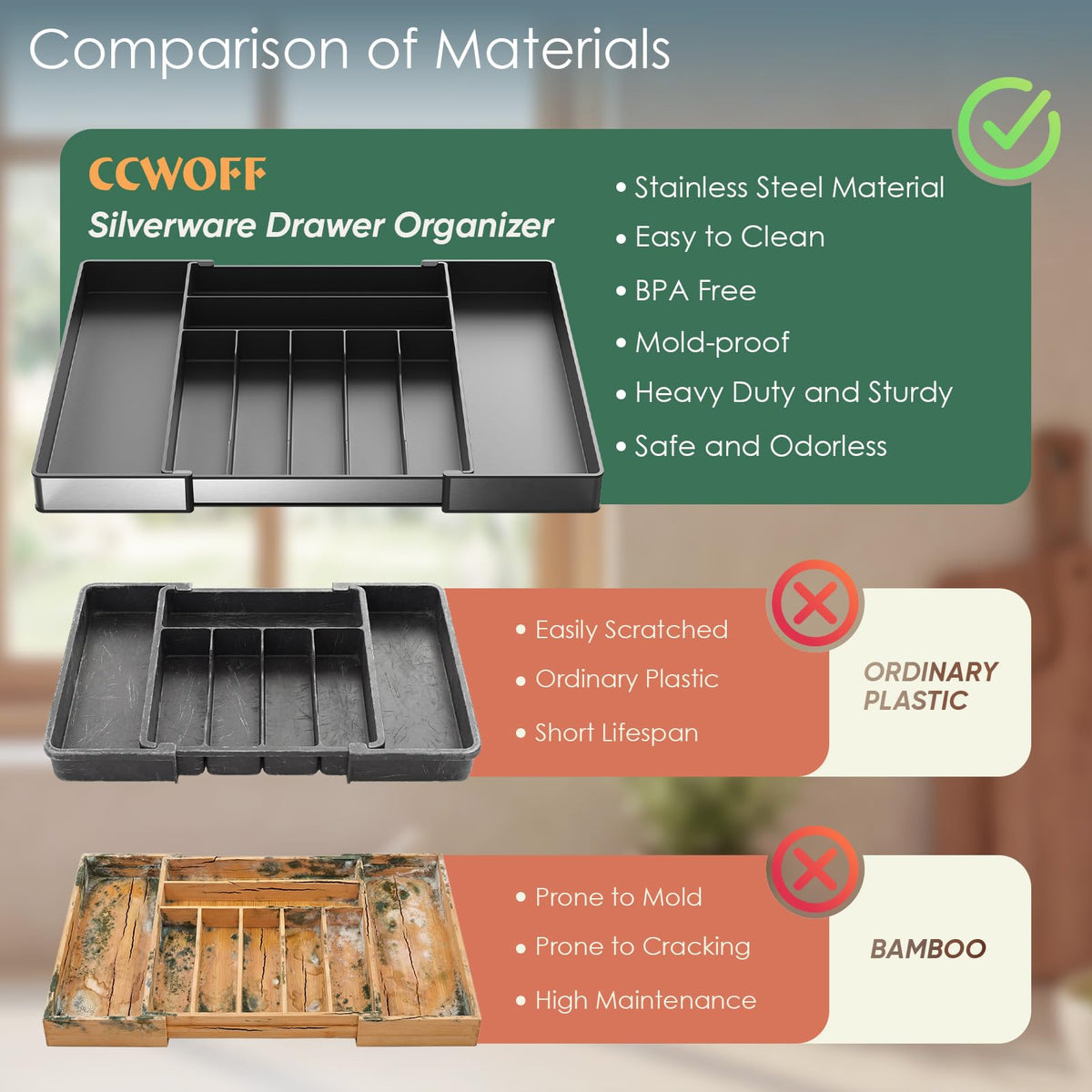 Silverware Drawer Organizer 9 Slots Expandable Kitchen - CCWOFF Official Imagery - 4