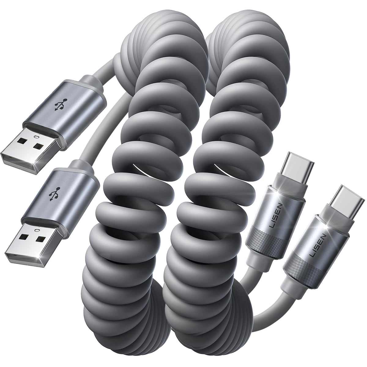 LISEN Coiled USB C Cable USB A to USB C Cable 2 Pack Type C – Space Gray, Silicone
