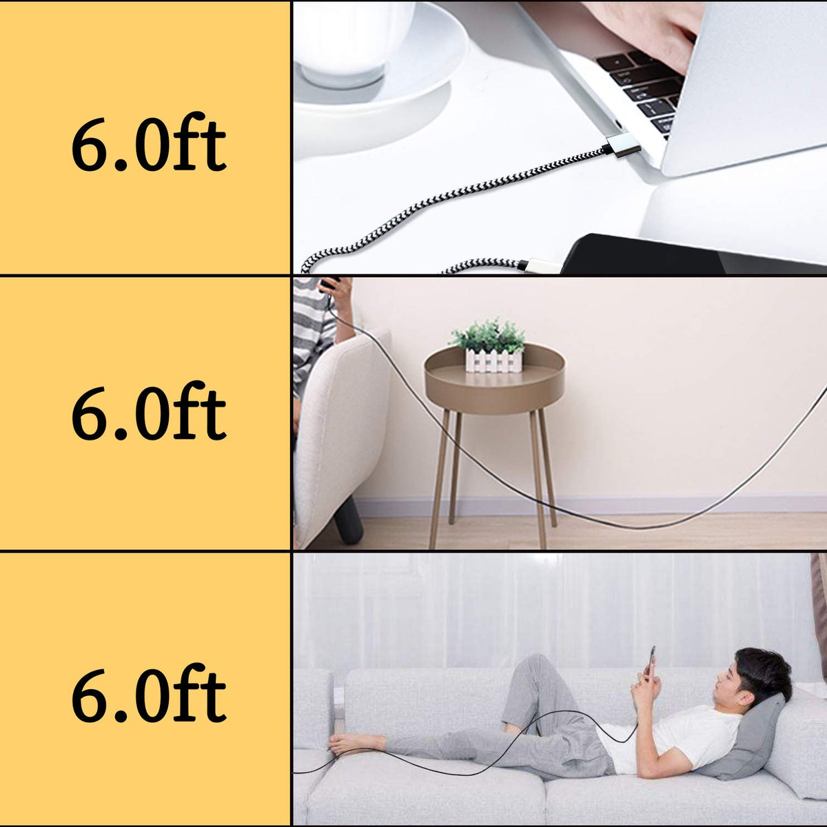 QQLIKE USB C Cable 5 Pack 3A Fast Charging Nylon Braided – back view and specifications