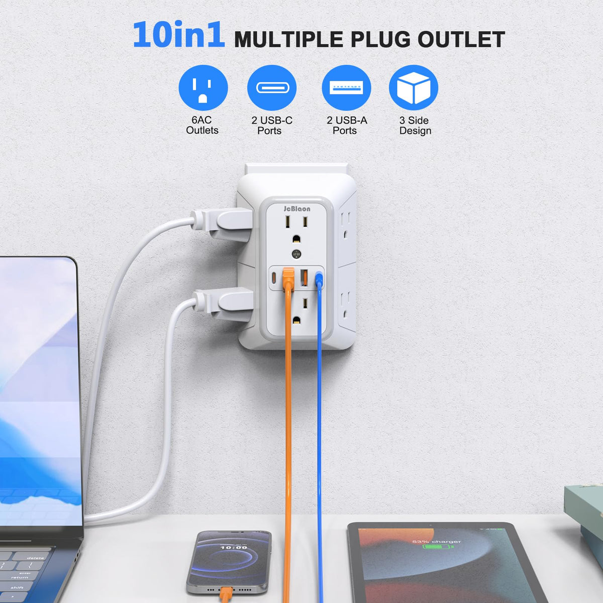 JcBlaon Outlet Extender Surge Protector – close-up detail in White 1 Pack