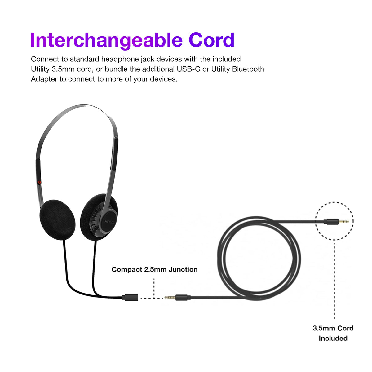 Koss KPH40 Utility On Ear Headphones Stealth Grey – full view