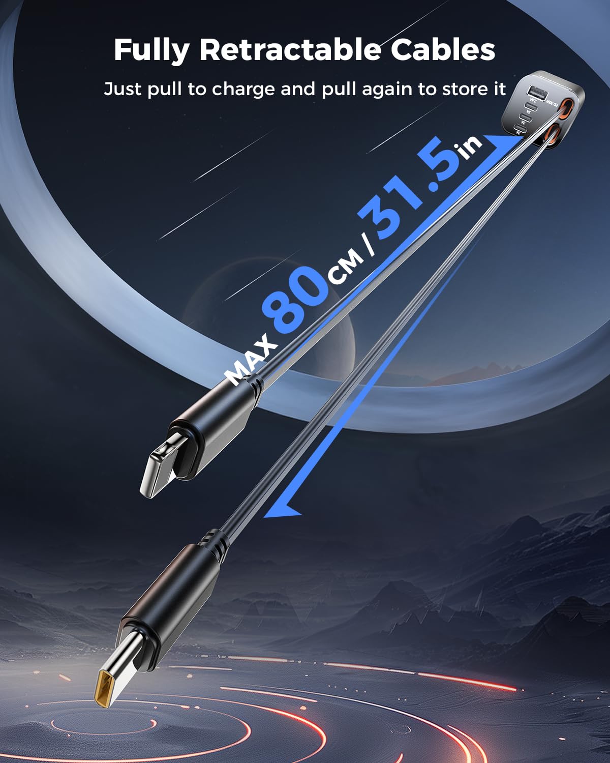 Retractable Car Charger SUPERONE 99W Car Phone Charger with – packaging and label