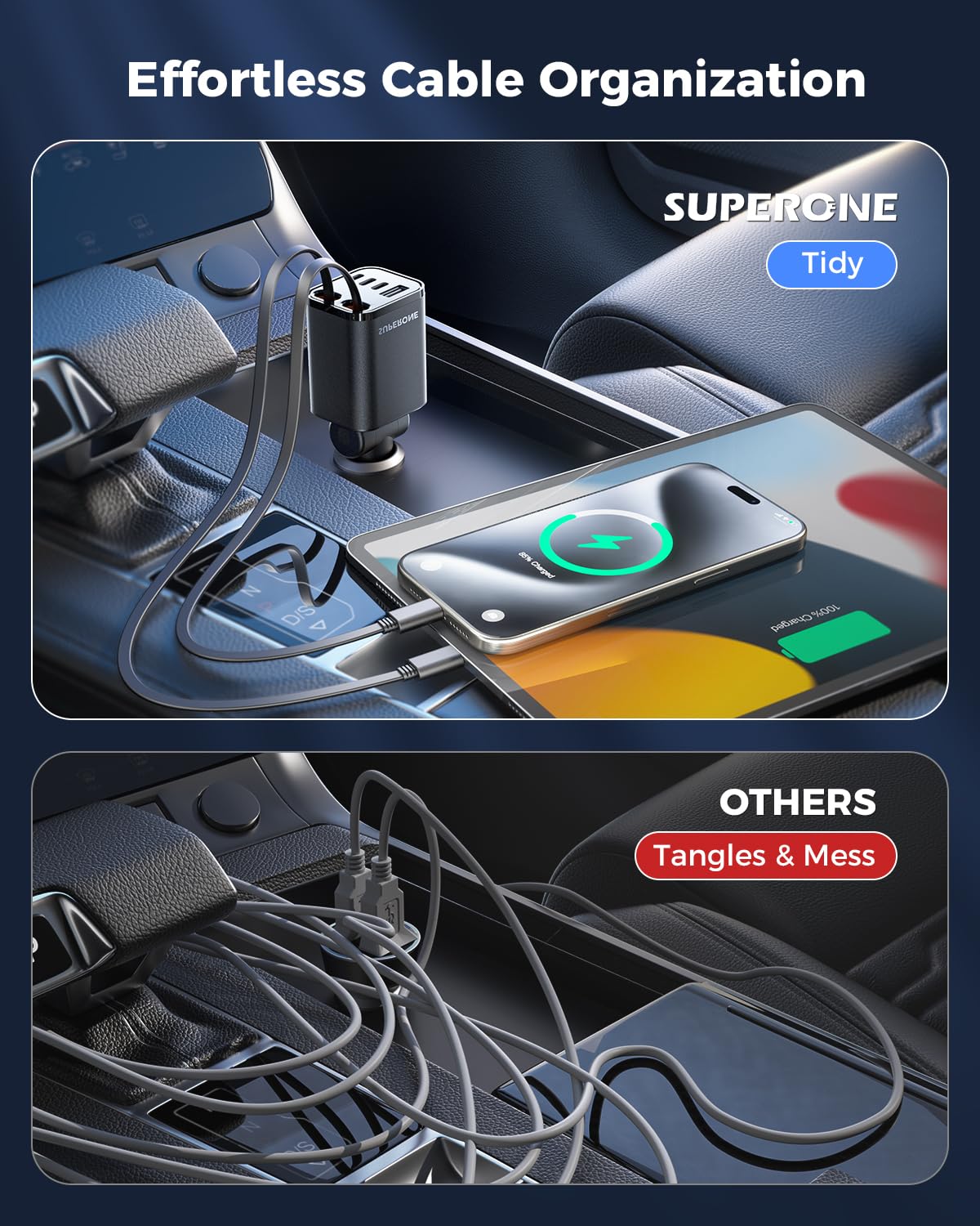 Retractable Car Charger SUPERONE 99W Car Phone Charger with – close-up detail in Black