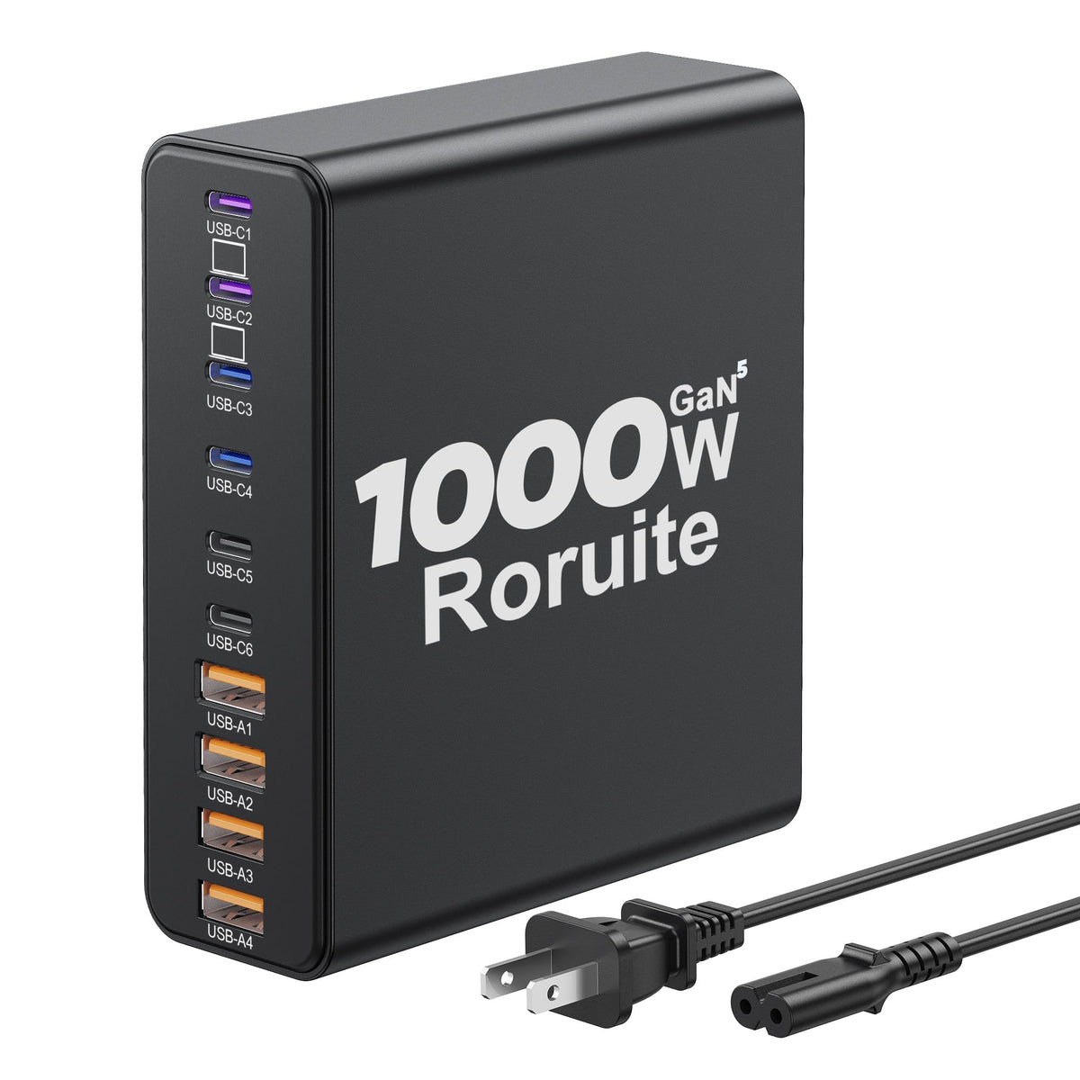 Roruite 1000W USB C Charging Station, 120W PD GaN5 Super Fast USB C Charger Block – Black