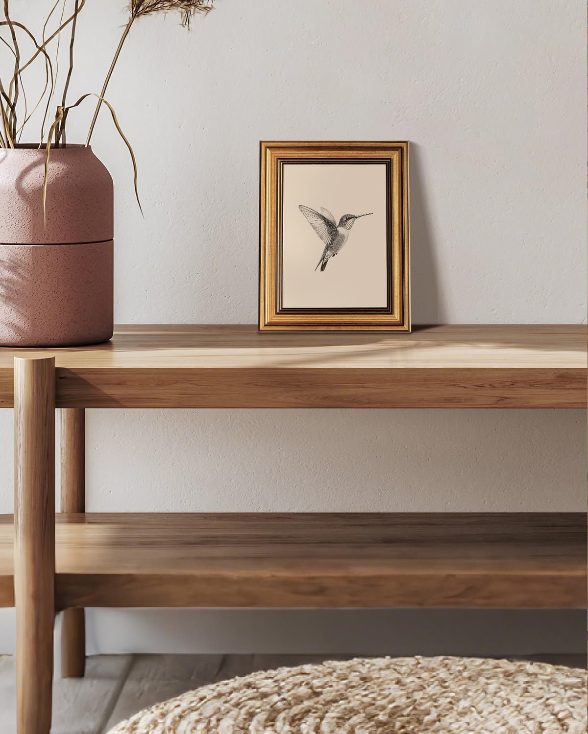VIYYIEA Vintage Gold Framed Wall Art Hummingbird Sketch – back view and specifications