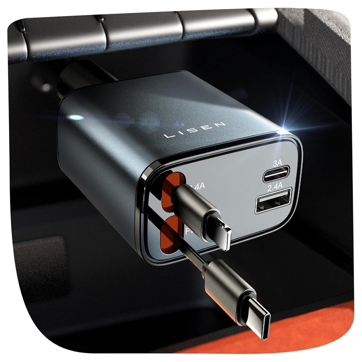 LISEN Retractable Car Charger 84W Car Charger USB C Fast – Grey, Metal