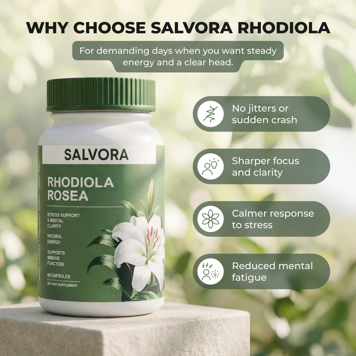 Rhodiola Rosea Supplement Golden Root Adaptogen Capsules - Salvora Official Imagery - 4