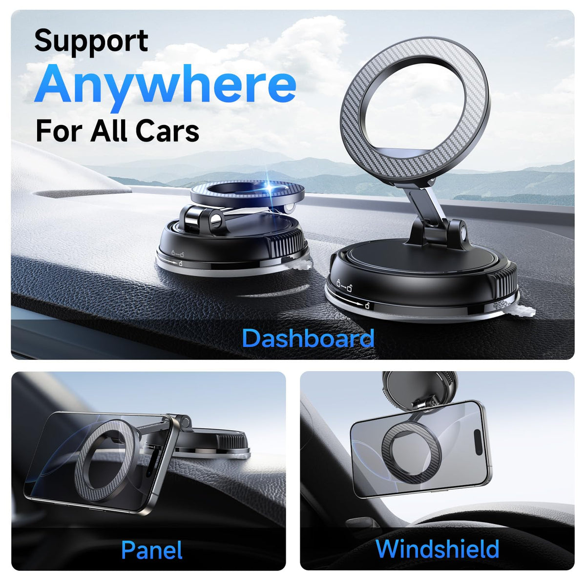 ANDERY Compact Foldable Car Phone Holder for Magsafe 360 Adjustable – close-up detail in Carbon Fiber