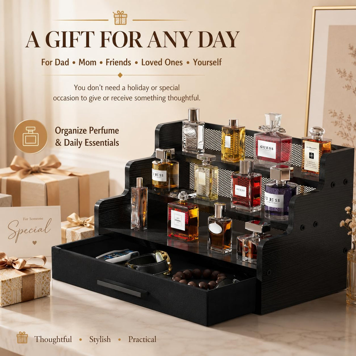 Yuzehuaza Cologne Organizer for Men 3 Tier Black Wooden - Yuzehuaza Official Imagery - 4