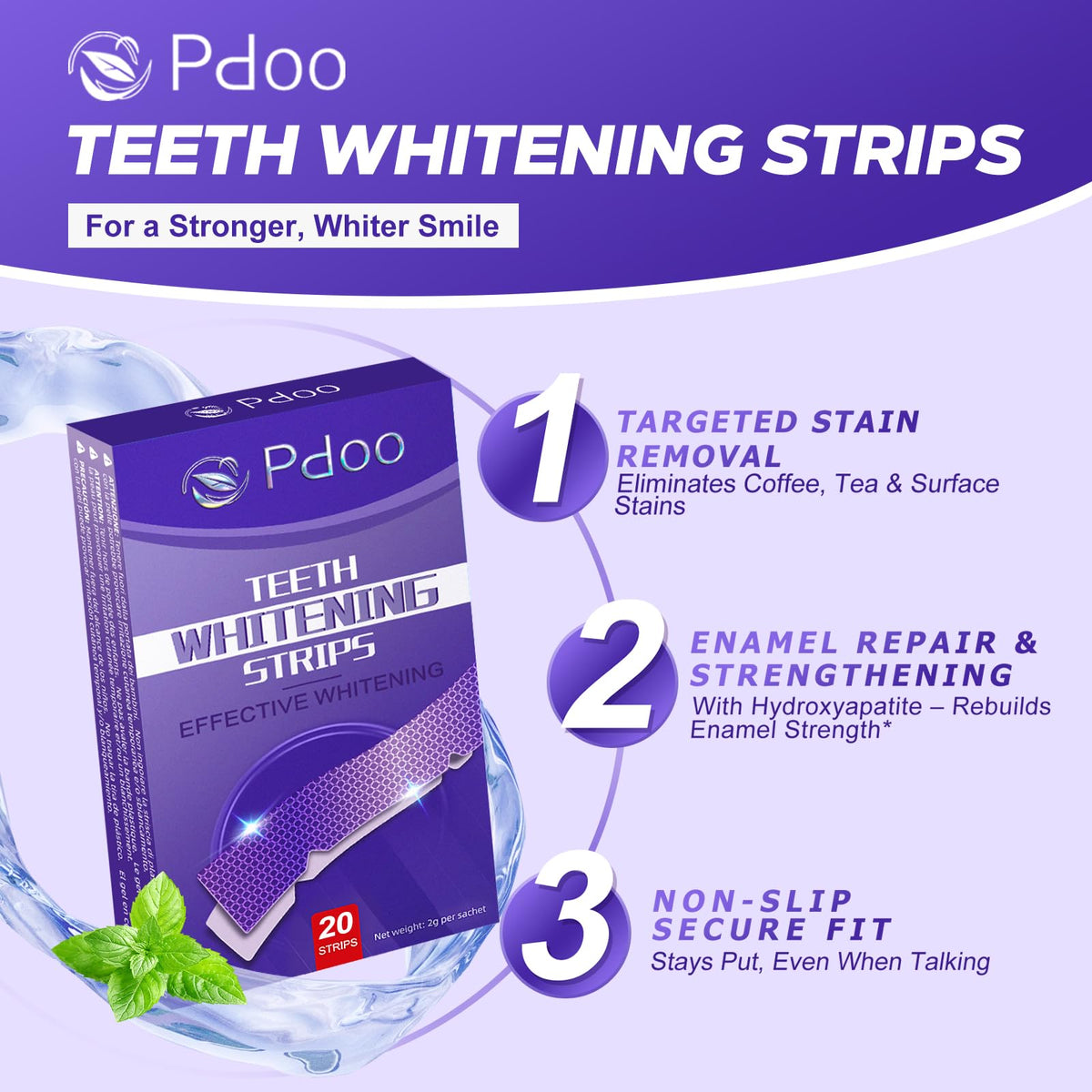 Pdoo Purple Teeth Whitening Strips 20 Count – packaging and label