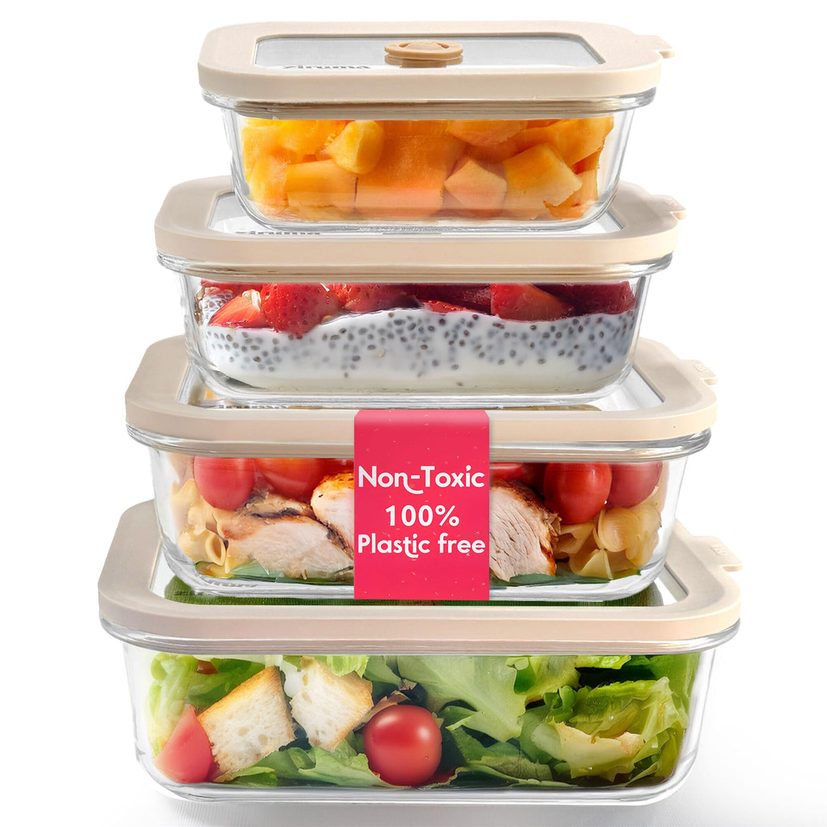 Non Toxic Glass Food Containers with Lids 4 Pack Multi Size - Ziruma Official Imagery - 2
