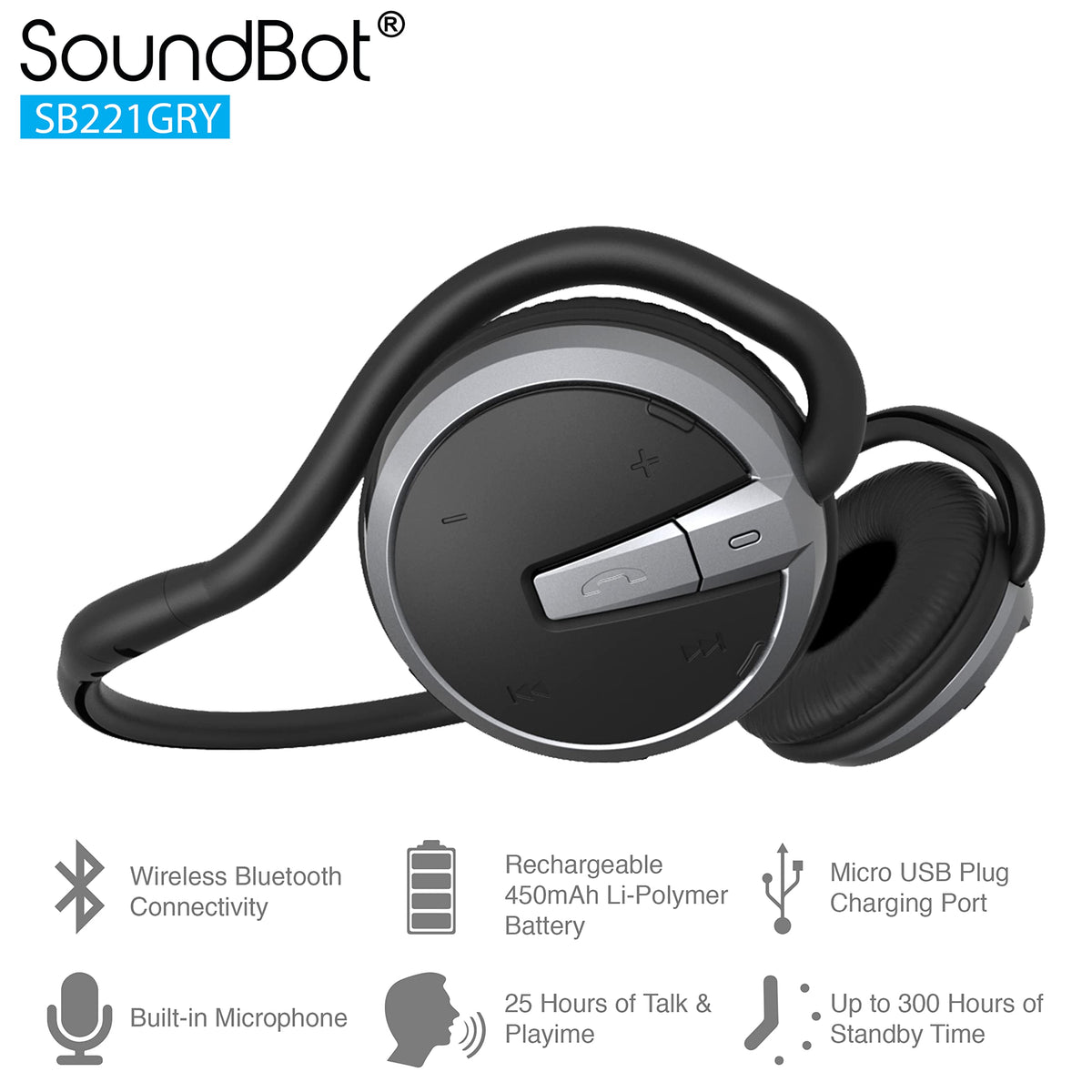 Soundbot Behind the Neck Headphones Sweat Resistant Secure – close-up detail in GRY/BLK