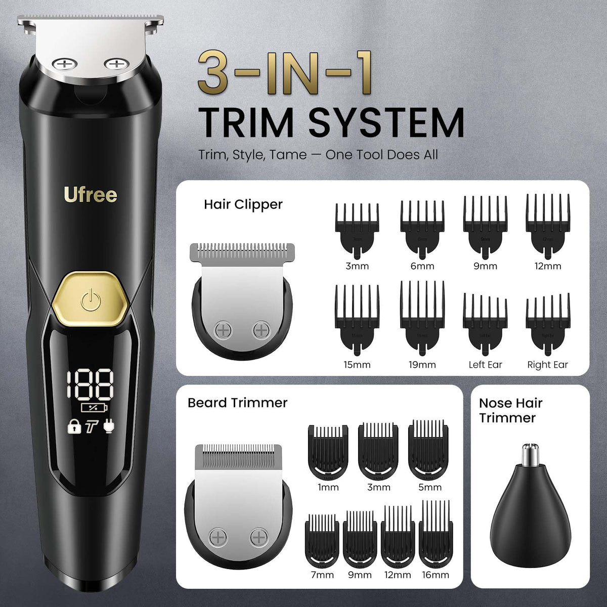 Ufree 3 in 1 Beard Trimmer for Men IPX6 Waterproof Electric – back view and specifications