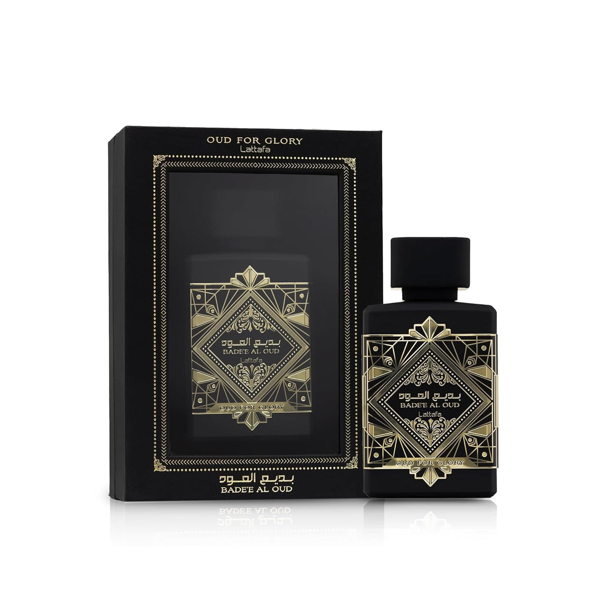 Lattafa Perfumes Bade e Al Oud Oud for Glory for Unisex Eau – packaging and label