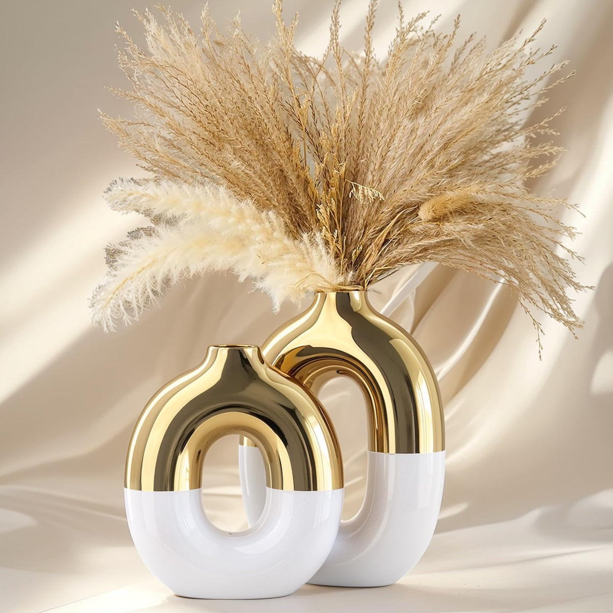 White and Gold Ceramic Vase Set Home Decor Round Donut Vase - GAOSHENG Official Imagery - 1
