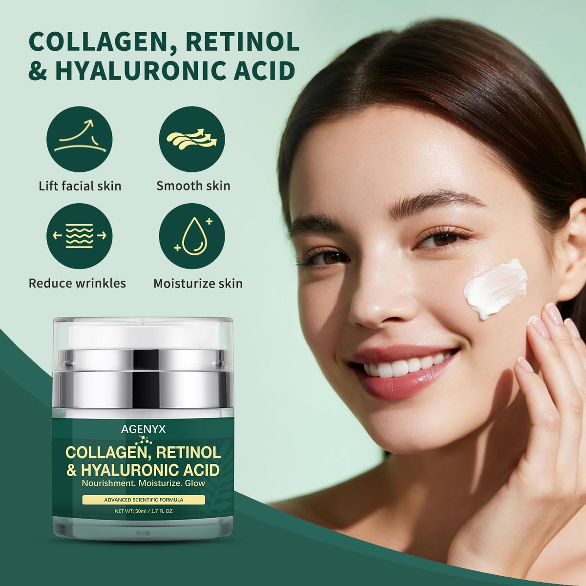 Agenyx Face Moisturizer Retinol Cream for Face Anti Aging Face – back view and specifications