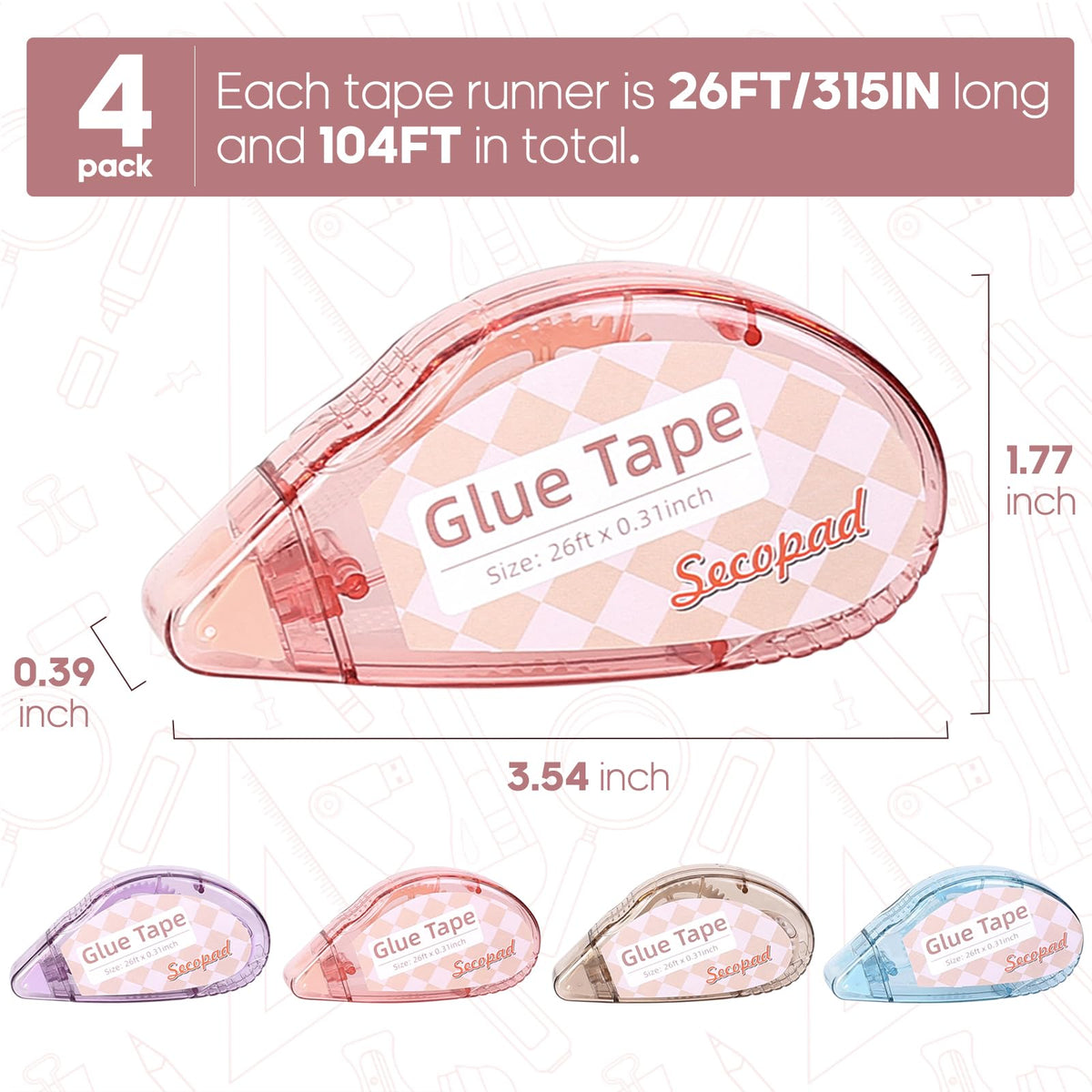 Secopad Scrapbook Tape Glue Tape for Crafts 4 Pack Light – back view and specifications