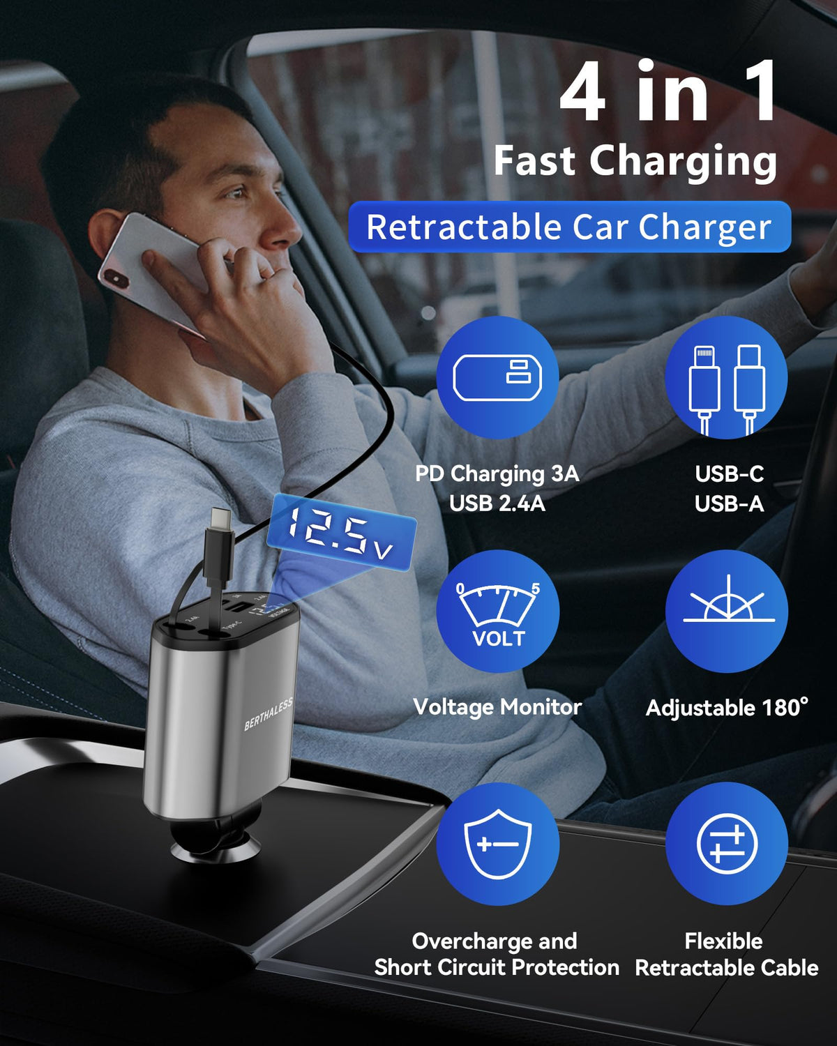 BERTHALESS Retractable Car Charger 4 in 1 Fast Charging Car Charger – packaging and label