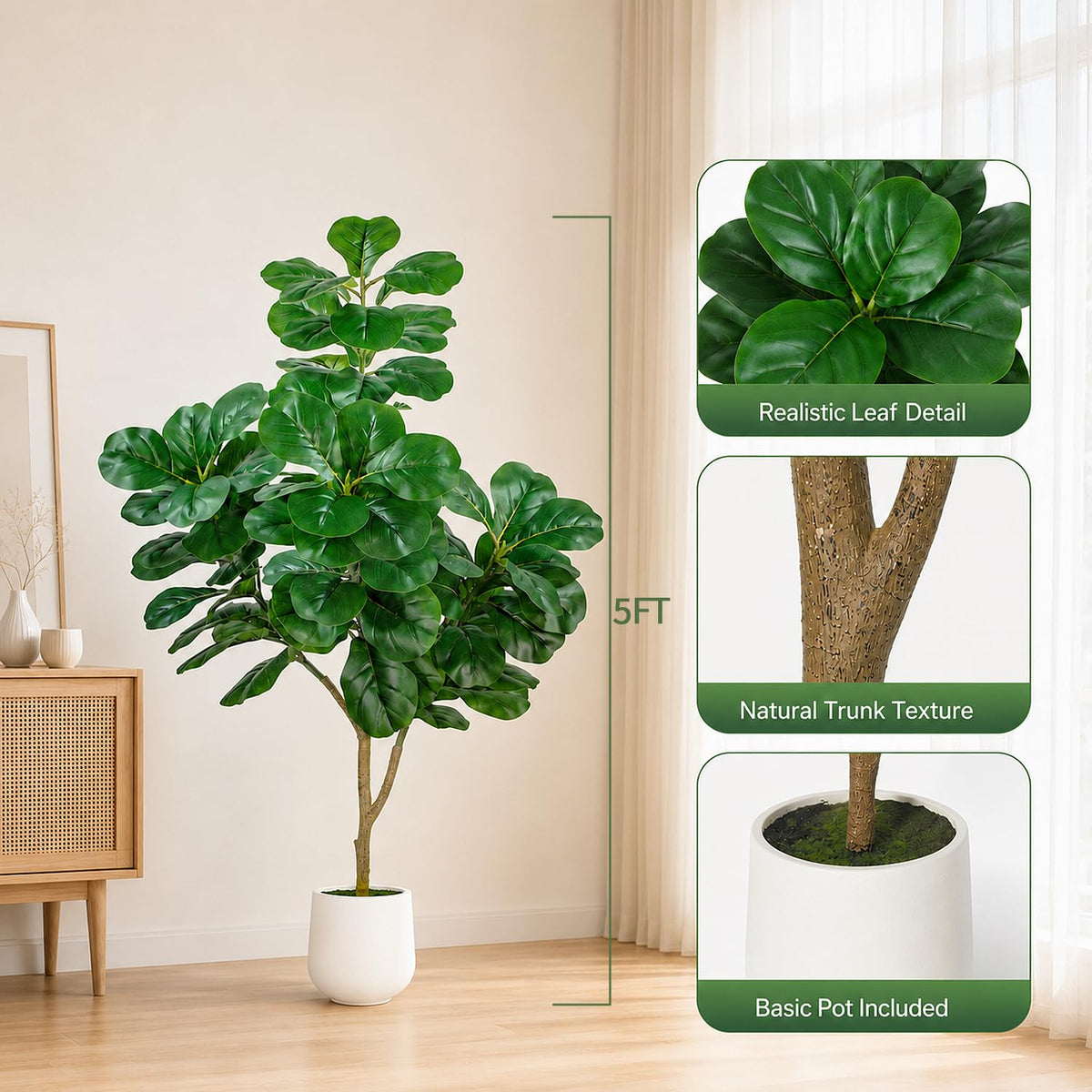 Artificial Fiddle Leaf Fig Tree 5ft Realistic Fake Plants - Aoxiwhcse Official Imagery - 7