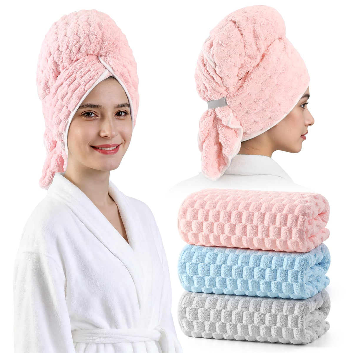 REDKISS 3 Pack Microfiber Hair Towels – Pink+grey+blue, Polyester, 23x40inch