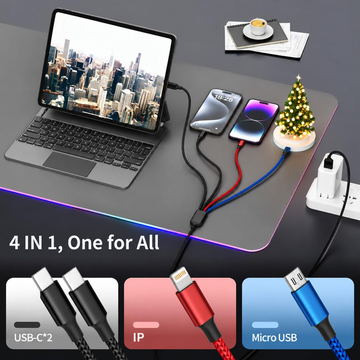 MPATIBY Dual USB C 4 in 1 Multi Charging Cable Charging Cords for – packaging and label
