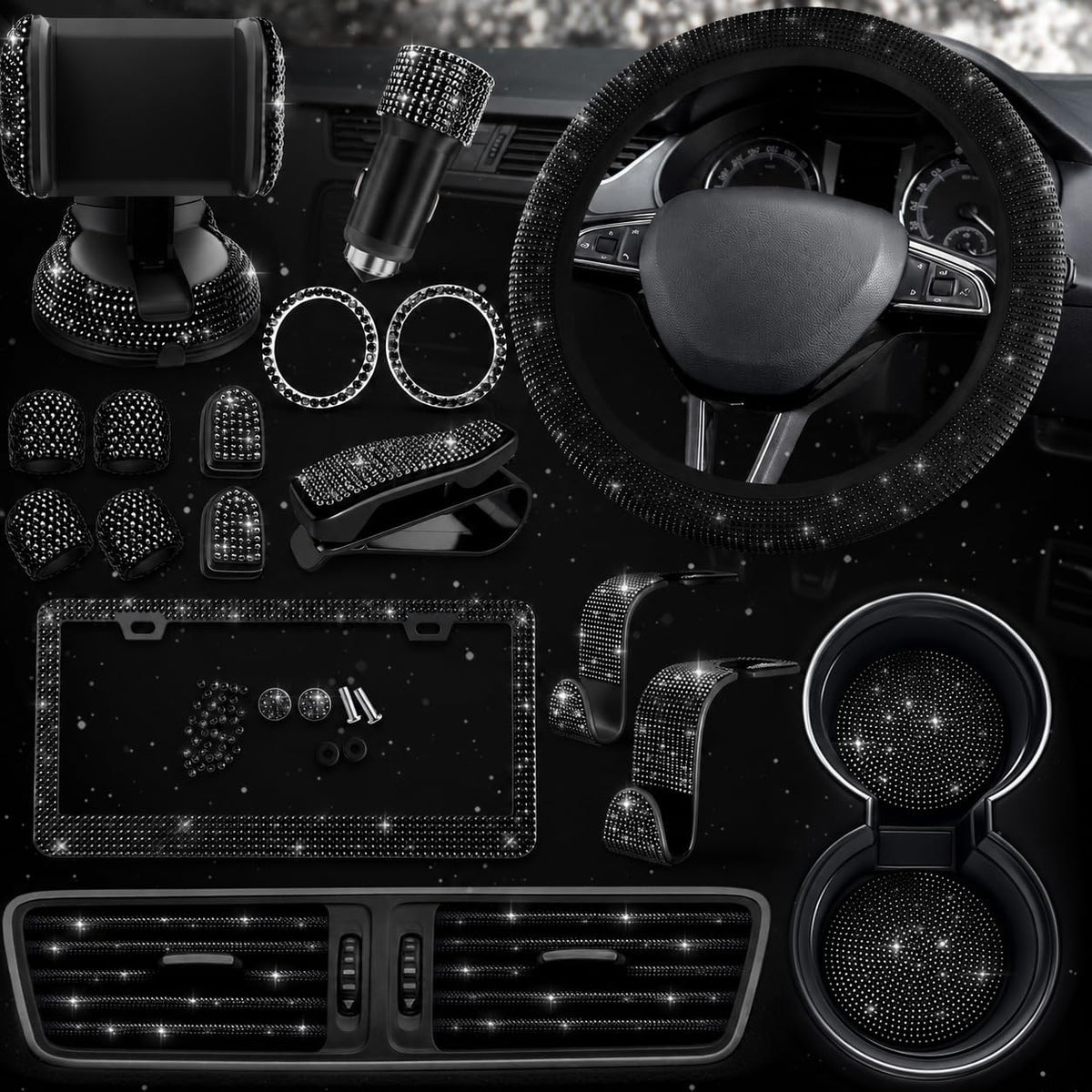 Black Bling Car Accessories Set 27 Pcs for Women Drivers - Bling Car Decor Official Imagery - 1