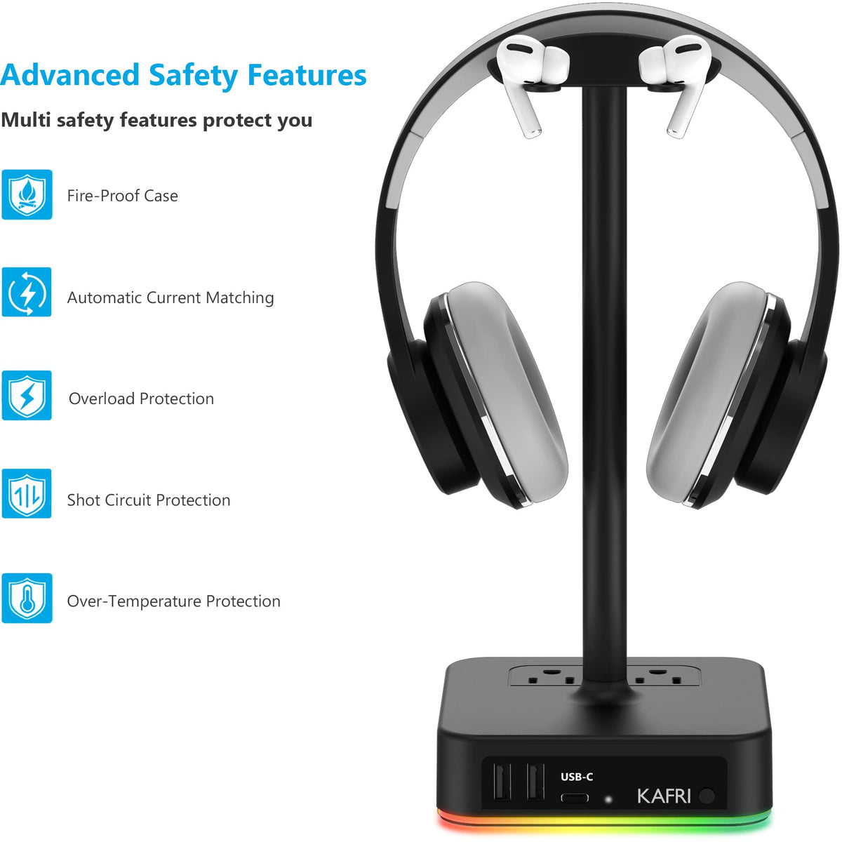 KAFRI RGB Headphone Stand with USB A C Charger Desk Gaming – alternate angle